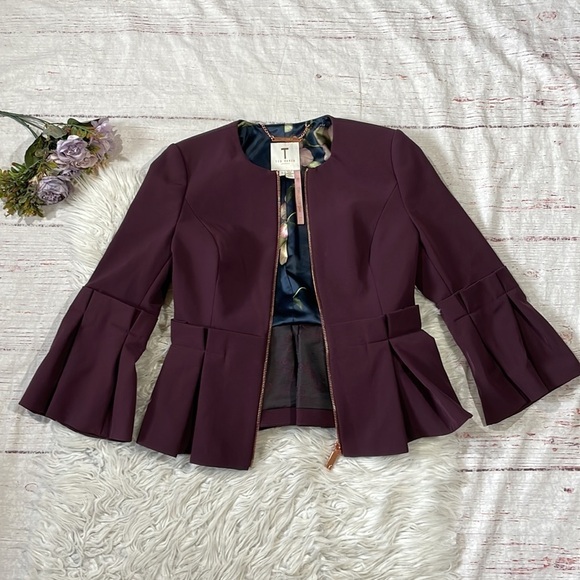 Ted Baker Maggi Peplum Flare Sleeve Blazer Jacket Dark Purple - Picture 2 of 11